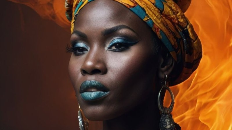 Eine Frau mit farbenfrohem Kopftuch und intensivem Make-up posiert vor einem feurigen Hintergrund. Ihr Ausdruck ist selbstbewusst und stark., &copy; pixabay