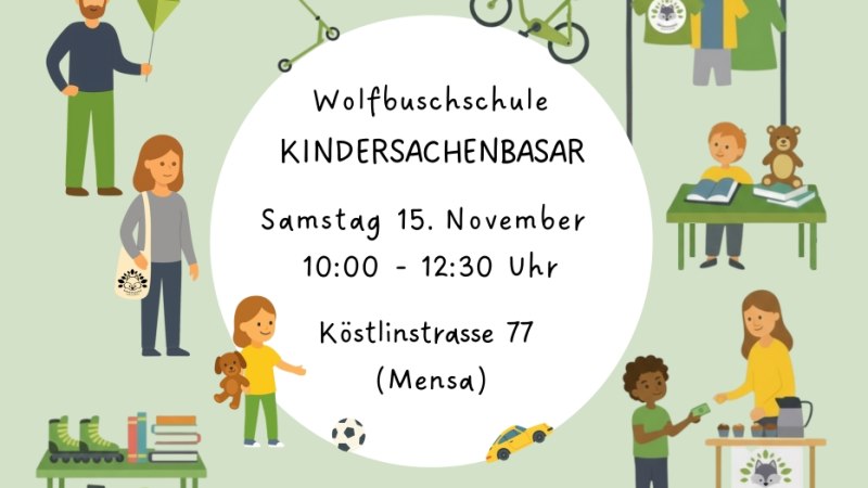 Einladungsbanner für den Kindersachenbasar an der Wolfbuschschule am 15. November, 10:00-12:30 Uhr, Köstlinstrasse 77. Illustrationen von Menschen und Spielzeug., © Daniëlle Peschar-Schouten Einladungsbanner für den Kindersachenbasar an der Wolfbuschschule am 15. November, 10:00-12:30 Uhr, Köstlinstrasse 77. Illustrationen von Menschen und Spielzeug., © Daniëlle Peschar-Schouten