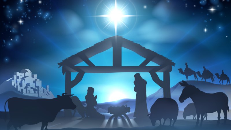 Illustration einer Weihnachtskrippe mit Tieren, Maria, Josef und dem Jesuskind. Ein heller Stern leuchtet am Himmel, die heiligen drei Könige nähern sich., © Planetarium Stuttgart Illustration einer Weihnachtskrippe mit Tieren, Maria, Josef und dem Jesuskind. Ein heller Stern leuchtet am Himmel, die heiligen drei Könige nähern sich., © Planetarium Stuttgart
