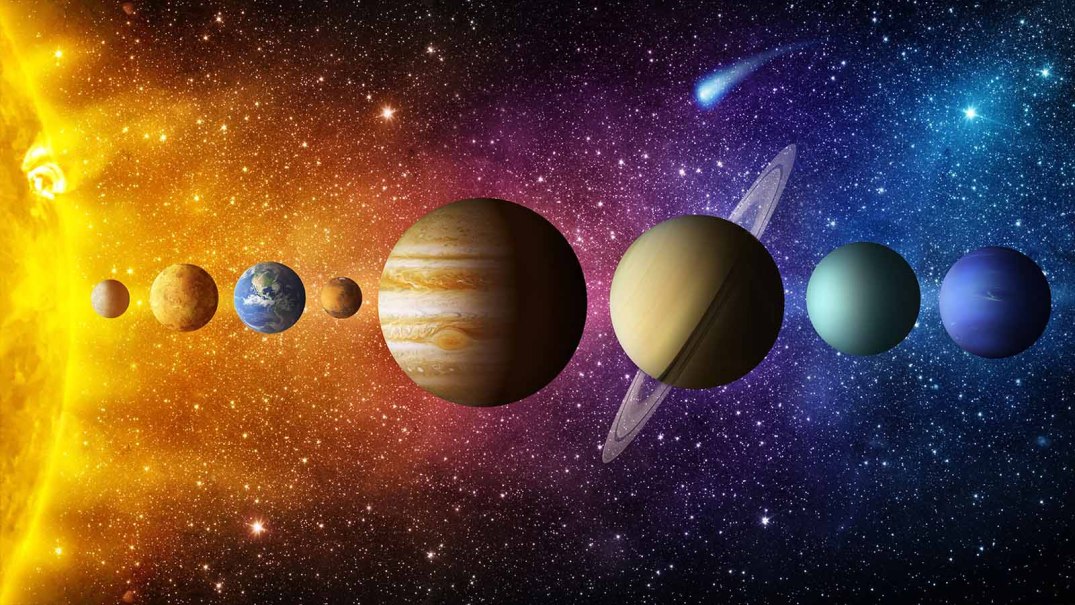 Illustration der Planeten des Sonnensystems in einer Linie vor einem farbenfrohen Sternenhintergrund., © Planetarium Stuttgart Illustration der Planeten des Sonnensystems in einer Linie vor einem farbenfrohen Sternenhintergrund., © Planetarium Stuttgart