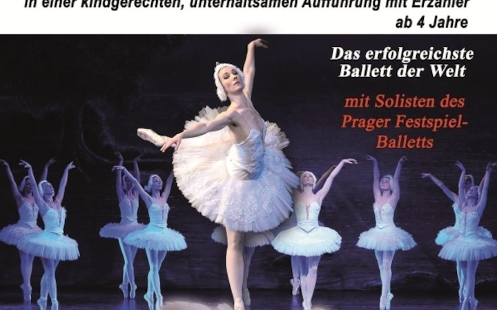 Plakat für 'Schwanensee', ein kindgerechtes Ballett mit Erzähler. Tänzerinnen in weißen Kostümen, Schwan im Vordergrund. Aufführung ab 4 Jahren., © Go 2 - Convent GmbH Plakat für 'Schwanensee', ein kindgerechtes Ballett mit Erzähler. Tänzerinnen in weißen Kostümen, Schwan im Vordergrund. Aufführung ab 4 Jahren., © Go 2 - Convent GmbH