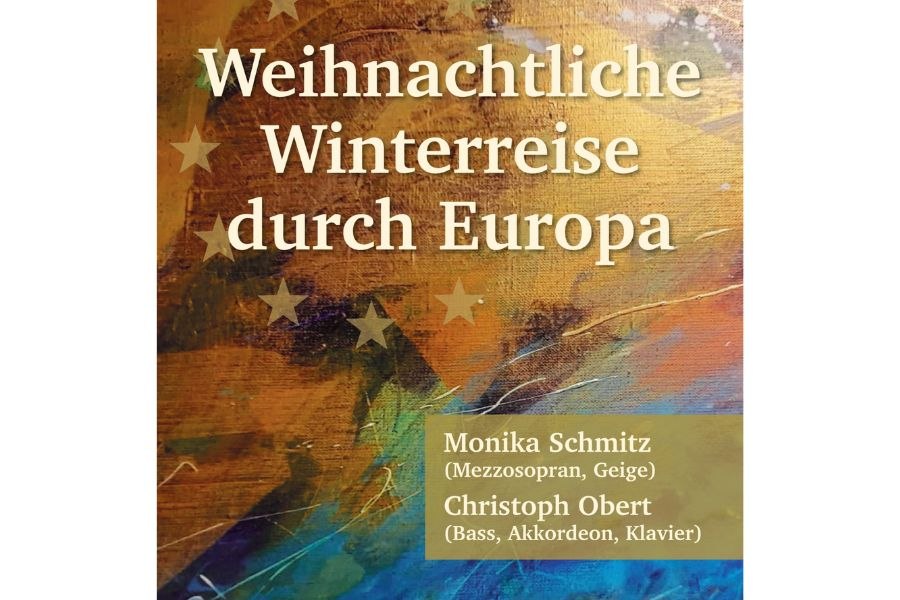 Plakat mit dem Titel 'Weihnachtliche Winterreise durch Europa', Künstler: Monika Schmitz und Christoph Obert. Hintergrund in warmen Farben., © Fotocredit Theater La Lune Stuttgart