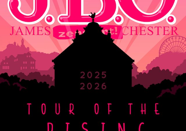 Plakat f&uuml;r die J.B.O. Tour 'Tour of the Rising Fun' 2025-2026. Rosa Hintergrund, Stadtsilhouette, Vorverkaufsstart am 01.04., &copy; Music Circus Concertb&uuml;ro GmbH