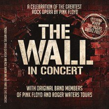 Konzertplakat f&uuml;r 'The Wall' von Pink Floyd. Text auf Backsteinmauer, Hinweis auf Originalbandmitglieder und Roger Waters Touren., &copy; links im Bild