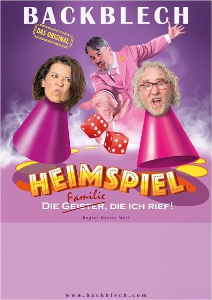 Theater poster with floating heads and dice, title 'Heimspiel - die Familie, die ich rief'. Humorous depiction in vivid colors., © Theaterhaus Stuttgart e.V. Theater poster with floating heads and dice, title 'Heimspiel - die Familie, die ich rief'. Humorous depiction in vivid colors., © Theaterhaus Stuttgart e.V.