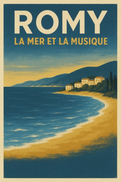 Illustration einer Küstenlandschaft mit Strand, Meer und Häusern im Hintergrund. Der Titel 'Romy, la mer et la musique' ist oben zu sehen., © Theaterhaus Stuttgart e.V.