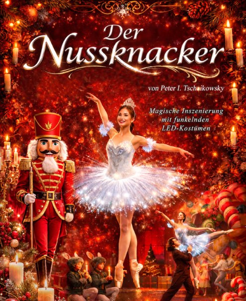 B&uuml;hnenauff&uuml;hrung des Nussknackers mit T&auml;nzern in farbenfrohen Kost&uuml;men vor einem festlich geschm&uuml;ckten Hintergrund. Ein Mann h&auml;lt eine Nussknackerfigur., &copy; Point Event GmbH