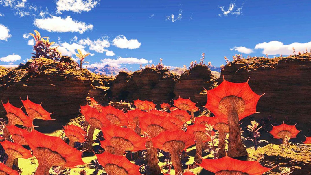 Fictitious extraterrestrial landscape with large, red, mushroom-like plants against a rocky backdrop and blue sky., © Planetarium Stuttgart Fictitious extraterrestrial landscape with large, red, mushroom-like plants against a rocky backdrop and blue sky., © Planetarium Stuttgart