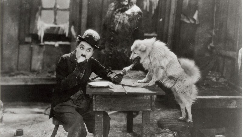 Ein Mann sitzt an einem Tisch und füttert einen Hund, während ein anderer Mann im Hintergrund steht. Die Szene wirkt humorvoll und stammt aus einem alten Film., © Württembergische Staatstheater Stuttgart