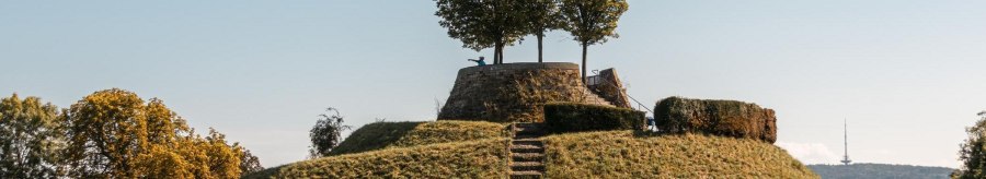 Eine grasbewachsene Erhebung mit einer Treppe f&uuml;hrt zu einer Plattform mit B&auml;umen. Der Himmel ist klar und blau., &copy; Stuttgart-Marketing GmbH, Sarah Schmid
