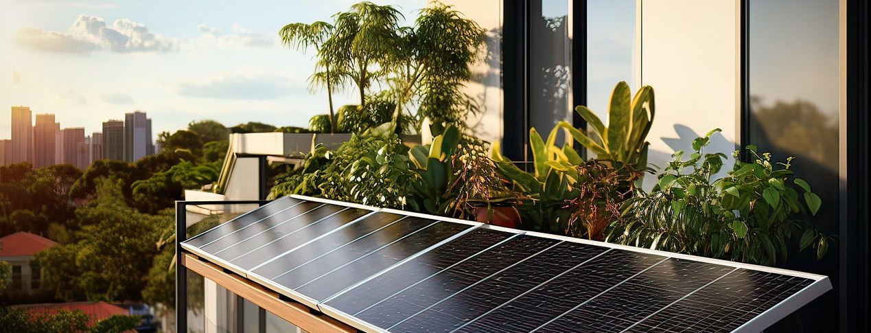 Ein Solarmodul auf einem modernen Balkon, umgeben von Pflanzen, mit Blick auf eine Stadt im Hintergrund bei Sonnenuntergang., &copy; Franz26 / pixabay.com