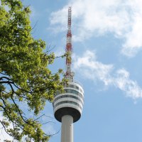 The Stuttgart television tower rises into the blue sky, surrounded by green tree branches., © Stuttgart-Marketing GmbH The Stuttgart television tower rises into the blue sky, surrounded by green tree branches., © Stuttgart-Marketing GmbH