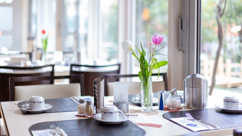 Ein Tisch in einem Café ist mit Geschirr, Besteck und einer Vase mit Tulpen gedeckt. Im Hintergrund sind Fenster und weitere Tische zu sehen., © TOMAS Ein Tisch in einem Café ist mit Geschirr, Besteck und einer Vase mit Tulpen gedeckt. Im Hintergrund sind Fenster und weitere Tische zu sehen., © TOMAS