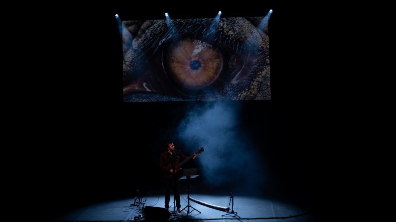 Ein Musiker auf einer dunklen Bühne spielt Gitarre. Über ihm ist ein großes Auge auf einem Bildschirm zu sehen, umgeben von Nebel und Lichtstrahlen., © Franco Schoeman Ein Musiker auf einer dunklen Bühne spielt Gitarre. Über ihm ist ein großes Auge auf einem Bildschirm zu sehen, umgeben von Nebel und Lichtstrahlen., © Franco Schoeman