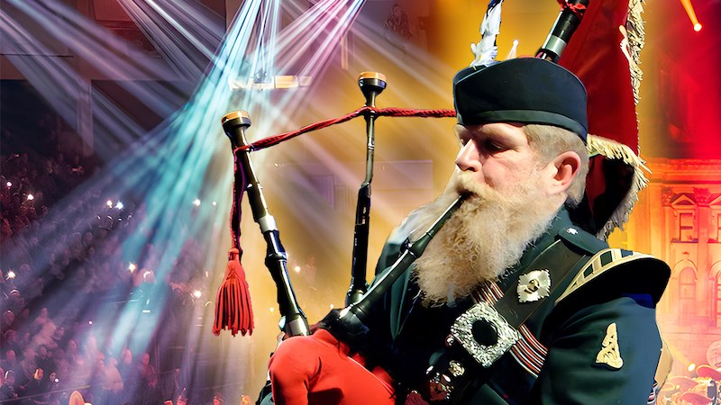 Ein Dudelsackspieler in traditioneller Uniform spielt auf einer Bühne. Bunte Lichter und ein großes Publikum im Hintergrund schaffen eine festliche Atmosphäre., © Musikparade GmbH