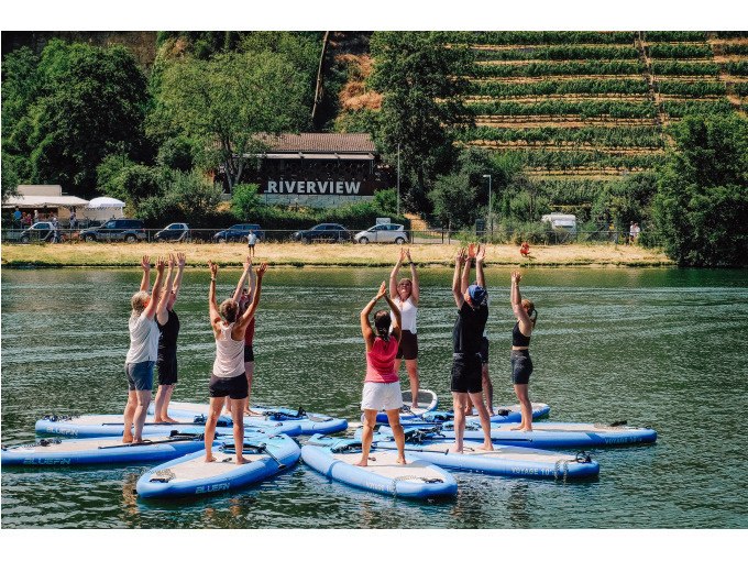 People practicing yoga on stand-up paddle boards on a river. Vineyards and a building with the inscription 'RIVERVIEW' can be seen in the background., &copy; Cool-Tours StattReisen