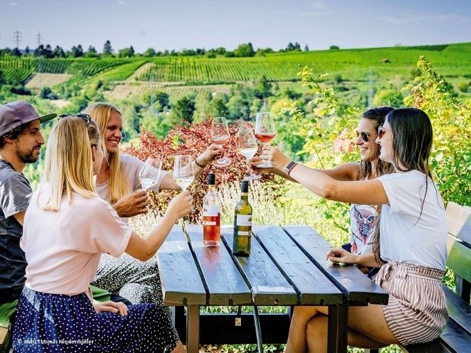 Fünf Personen stoßen mit Weingläsern an einem Holztisch im Freien an, umgeben von Weinbergen., © SMG, Thomas Niedermüller Fünf Personen stoßen mit Weingläsern an einem Holztisch im Freien an, umgeben von Weinbergen., © SMG, Thomas Niedermüller