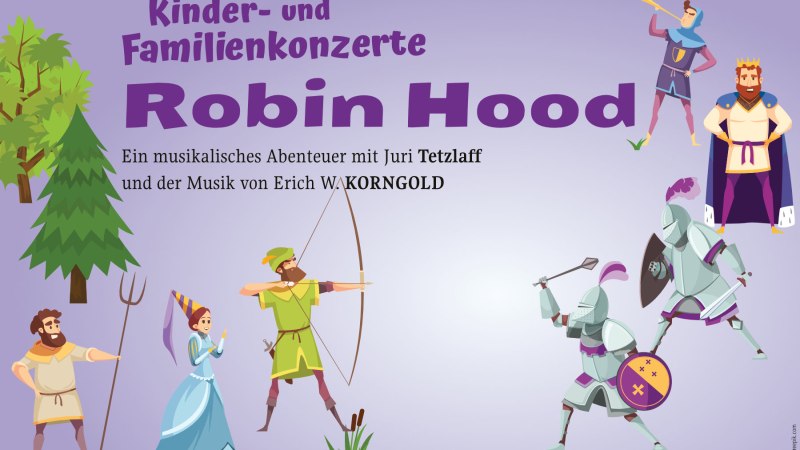 Illustration von Robin Hood mit Pfeil und Bogen, Rittern, einem K&ouml;nig und weiteren Figuren auf lila Hintergrund., &copy; Stuttgarter Philharmoniker