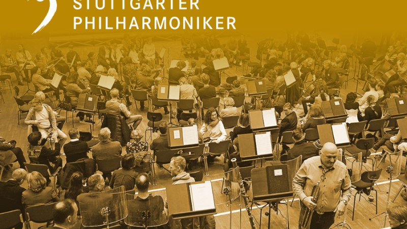 An orchestra rehearses in a hall, surrounded by spectators. At the top is 'Stuttgarter Philharmoniker' on a yellow background., &copy; Stuttgarter Philharmoniker