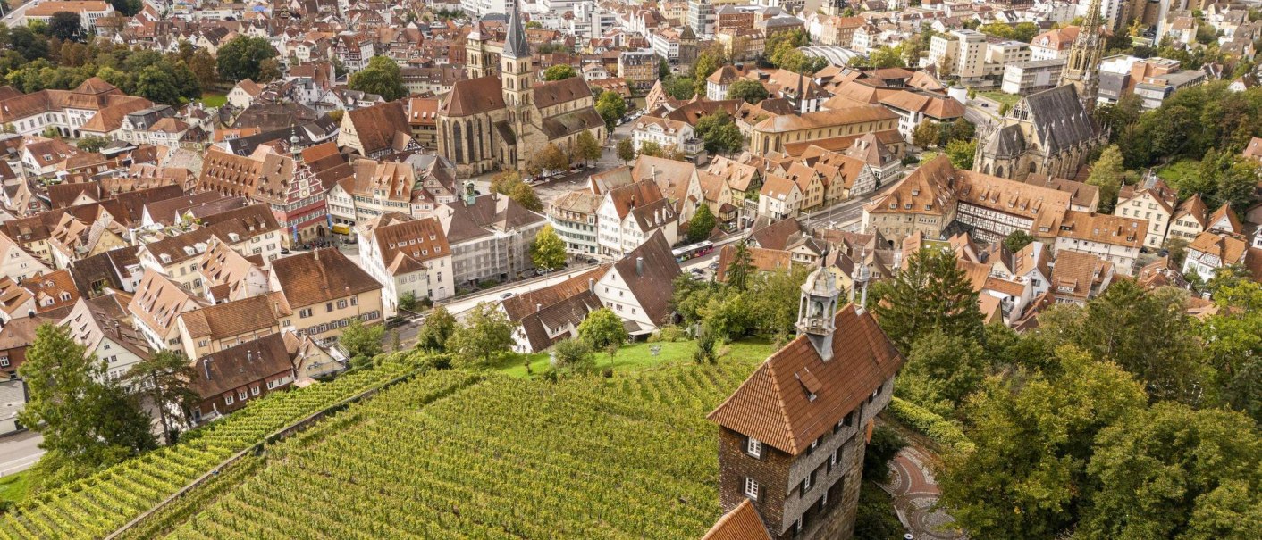 Aerial view of Esslingen: Vineyards in the foreground, the old town with historic buildings and churches in the background., © SMG Stuttgart Marketing GmbH - Sarah Schmid Aerial view of Esslingen: Vineyards in the foreground, the old town with historic buildings and churches in the background., © SMG Stuttgart Marketing GmbH - Sarah Schmid