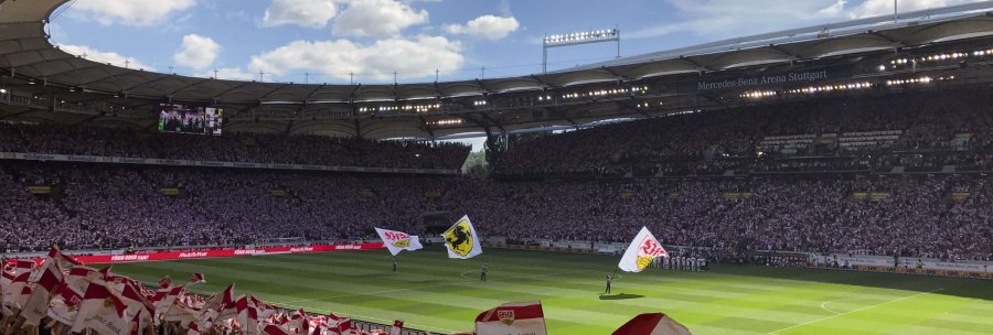 Die Mercedes-Benz Arena in Stuttgart ist voll besetzt. Fans schwenken Fahnen, w&auml;hrend das Spielfeld im Sonnenlicht liegt., &copy; Stuttgart-Marketing GmbH