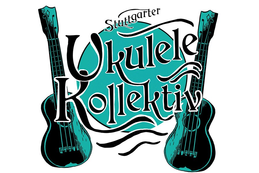 Logo des Stuttgarter Ukulele-Kollektivs mit zwei stilisierten Ukulelen und geschwungenem Schriftzug auf türkisfarbenem Hintergrund., © Lab-Archiv