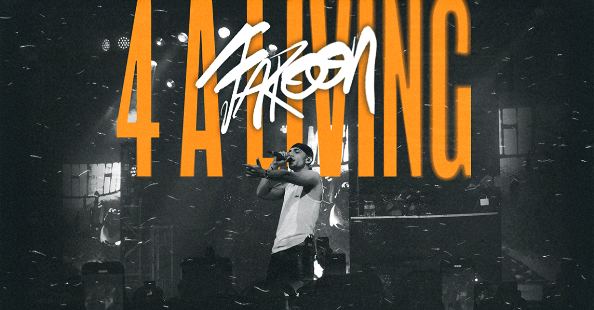 A musician on stage with a microphone, surrounded by lighting effects. '4 A Living' is written large in the background., &copy; links im Bild