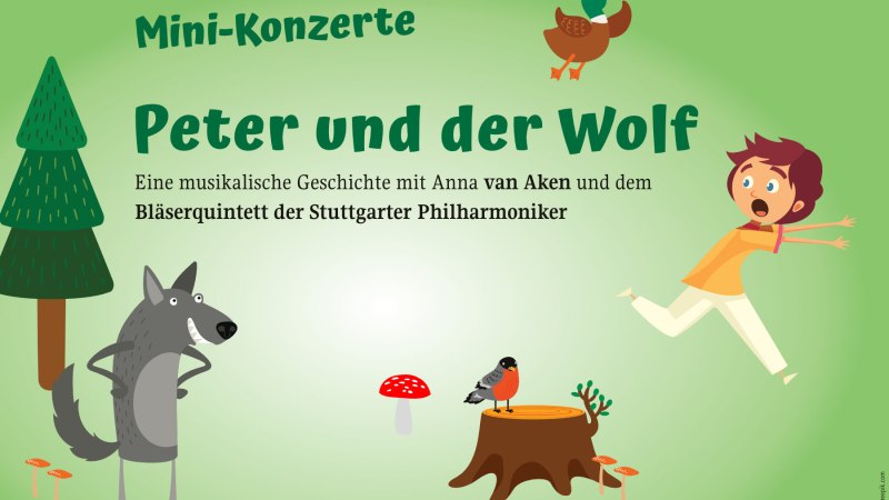 Illustration von 'Peter und der Wolf' mit einem Wolf, einem Jungen, einem Baum und Tieren. Text: Mini-Konzerte mit Anna van Aken und dem Bläserquintett der Stuttgarter Philharmoniker., © Stuttgarter Philharmoniker Illustration von 'Peter und der Wolf' mit einem Wolf, einem Jungen, einem Baum und Tieren. Text: Mini-Konzerte mit Anna van Aken und dem Bläserquintett der Stuttgarter Philharmoniker., © Stuttgarter Philharmoniker