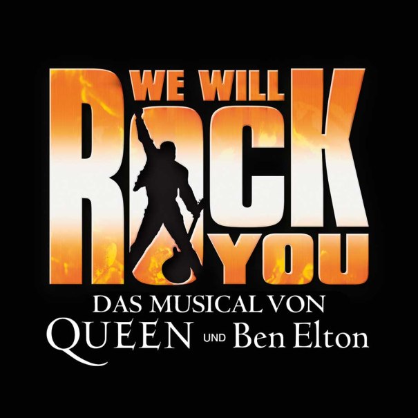 Logo des Musicals 'We Will Rock You' mit großer Schrift und Gitarristensilhouette vor flammendem Hintergrund., © Stage Entertainment