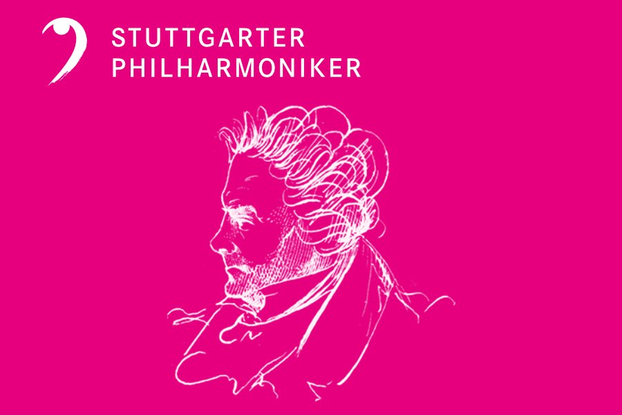 Zeichnung von Beethoven auf pinkem Hintergrund, begleitet vom Schriftzug 'Stuttgarter Philharmoniker' und einem Notenschlüssel., © Stuttgarter Philharmoniker