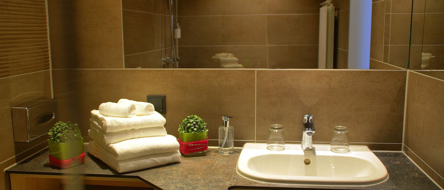 Modern bathroom with brown tiles, washbasin, stacked towels and two small plants on the shelf., © TOMAS