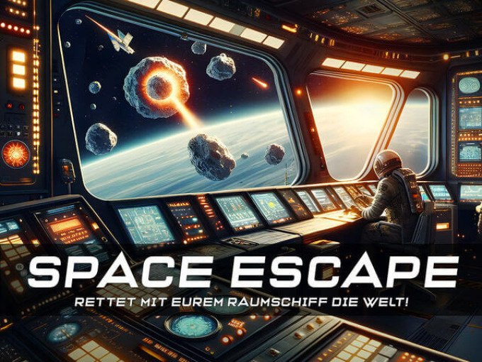 Ein Astronaut im Raumschiff-Cockpit beobachtet Asteroiden und eine Explosion im Weltraum. Text: 'SPACE ESCAPE - Rettet mit eurem Raumschiff die Welt!', © TeamEscape Stuttgart Ein Astronaut im Raumschiff-Cockpit beobachtet Asteroiden und eine Explosion im Weltraum. Text: 'SPACE ESCAPE - Rettet mit eurem Raumschiff die Welt!', © TeamEscape Stuttgart