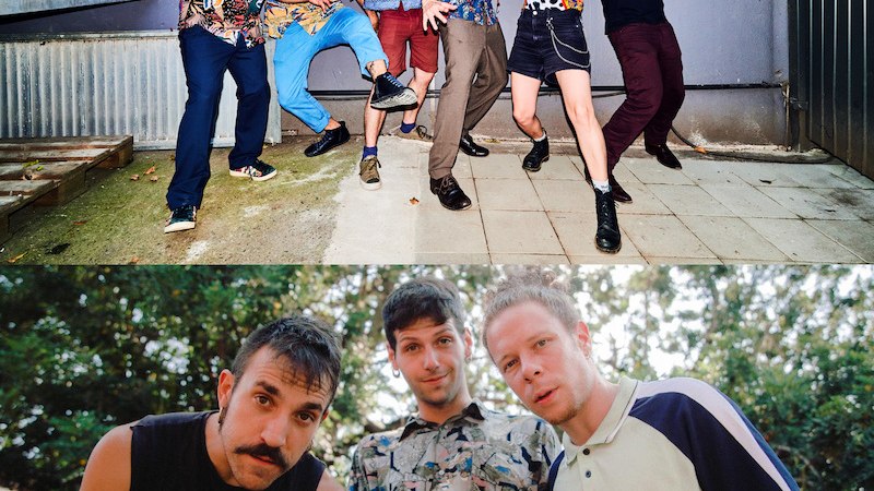 Oben posiert eine bunte Gruppe von Musikern mit dynamischen Posen. Unten stehen drei Männer in einem natürlichen Umfeld und schauen in die Kamera., © Theaterhaus Stuttgart e.V. Oben posiert eine bunte Gruppe von Musikern mit dynamischen Posen. Unten stehen drei Männer in einem natürlichen Umfeld und schauen in die Kamera., © Theaterhaus Stuttgart e.V.