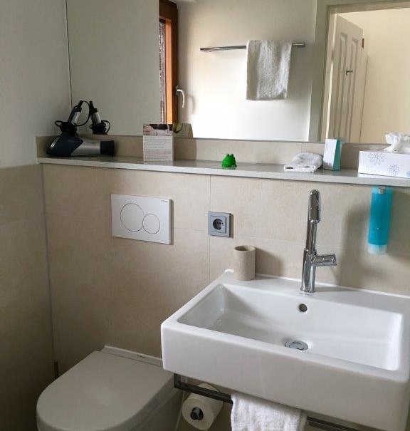 Modernes Badezimmer mit Waschbecken, Spiegel, Toilette und Handtuchhalter. Dezente Dekoration und neutrale Farben., © TOMAS