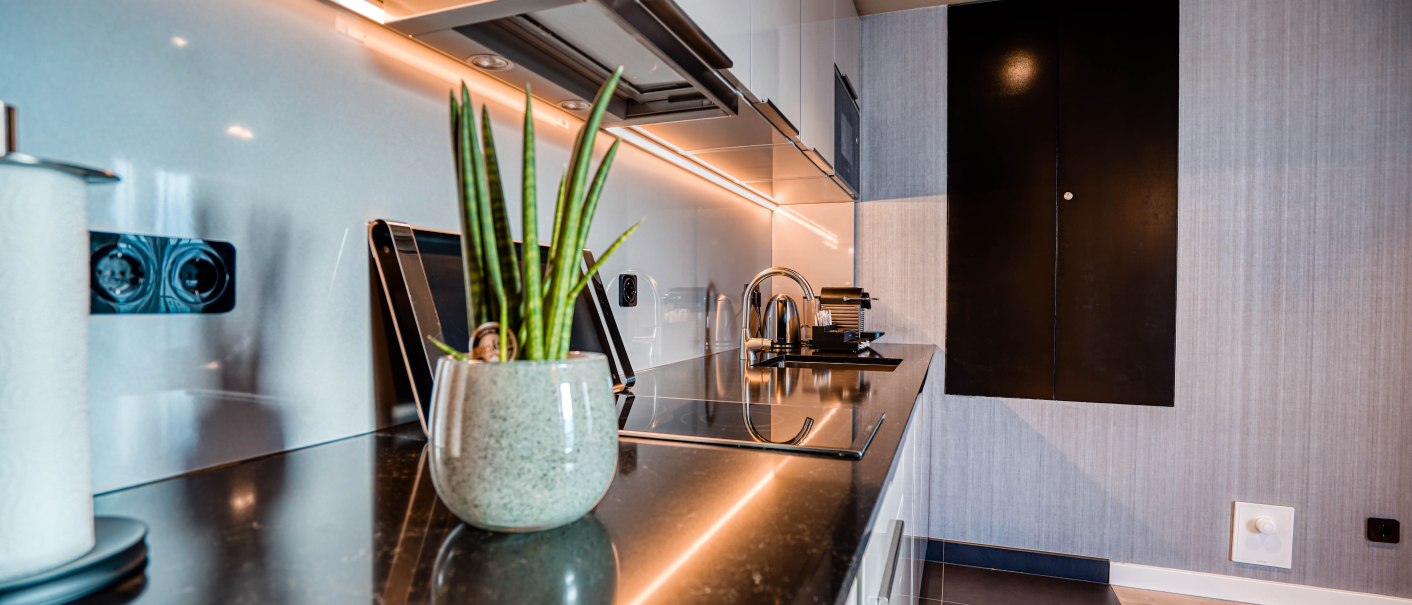Moderne Küche mit schwarzer Arbeitsplatte, Topfpflanze, eingebautem Herd und stilvoller Beleuchtung., © CLOUD N°7 APARTMENTS GmbH