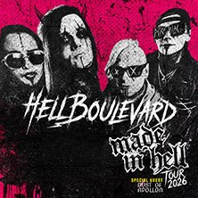 Poster der Band Hell Boulevard f&uuml;r die 'Made in Hell' Tour 2026. Vier Bandmitglieder mit Gesichtsbemalung vor pink-schwarzem Hintergrund., &copy; links im Bild