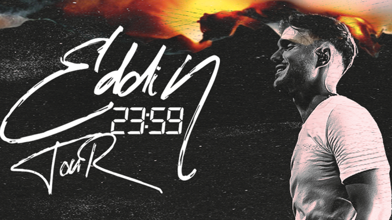 Poster der EDDIN 23:59 Tour mit einem l&auml;chelnden Mann im Profil und k&uuml;nstlerischem Hintergrund., &copy; links im Bild