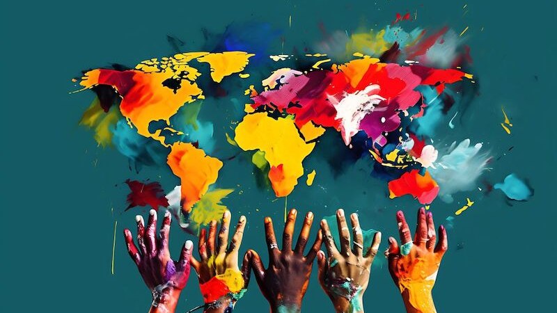 Colorful hands reach out towards a colorful world map on a blue background. Vibrant colors symbolize diversity and unity., © Altes Schauspielhaus und Komödie im Marquardt e.V. Colorful hands reach out towards a colorful world map on a blue background. Vibrant colors symbolize diversity and unity., © Altes Schauspielhaus und Komödie im Marquardt e.V.
