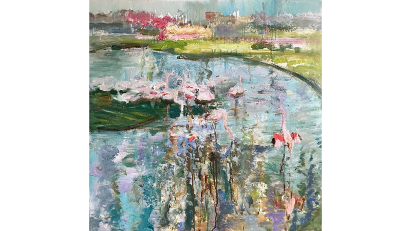 Impressionistisches Gemälde zeigt Flamingos an einem Teich. Lebendige Farben und abstrakte Formen schaffen eine verträumte, natürliche Szene., © Natalia Simonenko_Wilhelma2 Impressionistisches Gemälde zeigt Flamingos an einem Teich. Lebendige Farben und abstrakte Formen schaffen eine verträumte, natürliche Szene., © Natalia Simonenko_Wilhelma2