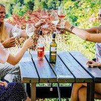 Five people clink glasses of wine at a wooden table outside, surrounded by greenery and flowers., &copy; SMG, Thomas Niederm&uuml;ller