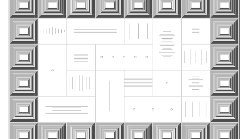Ein geometrisches Kunstwerk mit einem Rahmen aus verschachtelten Quadraten. Der Innenbereich zeigt verschiedene Linienmuster und Formen., © Merz Akademie Ein geometrisches Kunstwerk mit einem Rahmen aus verschachtelten Quadraten. Der Innenbereich zeigt verschiedene Linienmuster und Formen., © Merz Akademie