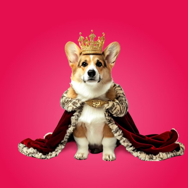 Ein Corgi mit goldener Krone und rotem Umhang sitzt vor einem pinken Hintergrund., © Theater der Altstadt Ein Corgi mit goldener Krone und rotem Umhang sitzt vor einem pinken Hintergrund., © Theater der Altstadt