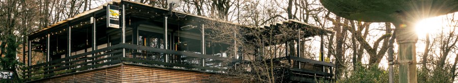 Building with wooden cladding and terrace in wooded surroundings, next to a large, multi-tiered fountain. Rays of sunlight shine through the trees., © Stuttgart Marketing GmbH © Sarah Schmid Building with wooden cladding and terrace in wooded surroundings, next to a large, multi-tiered fountain. Rays of sunlight shine through the trees., © Stuttgart Marketing GmbH © Sarah Schmid