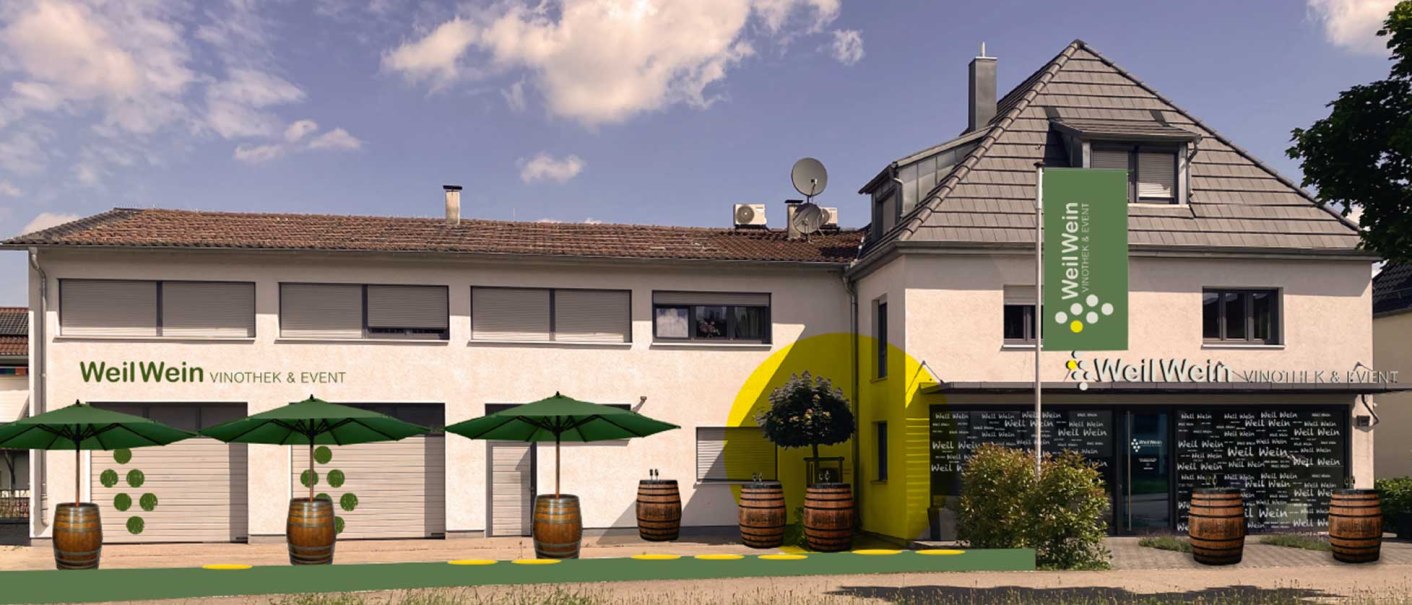 Gebäude mit der Aufschrift 'WeilWein Vinothek & Event', grüne Sonnenschirme und Weinfässer im Vordergrund., © Weil Wein GmbH by Fabian Rajtschan 70469R!, Stuttgart