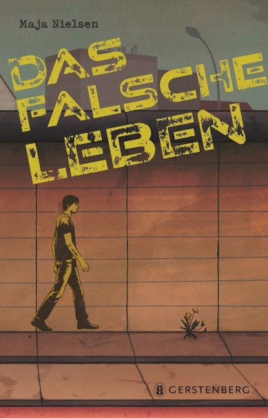 Buchcover von 'Das falsche Leben' zeigt eine gezeichnete Person, die an einer Mauer entlanggeht. Der Titel ist in gro&szlig;en gelben Buchstaben geschrieben., &copy; Literaturhaus Stuttgart