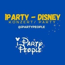 Blaues Logo der iPartyPeople Disney Party mit gelber und wei&szlig;er Schrift, verziert mit Disney-Elementen., &copy; links im Bild