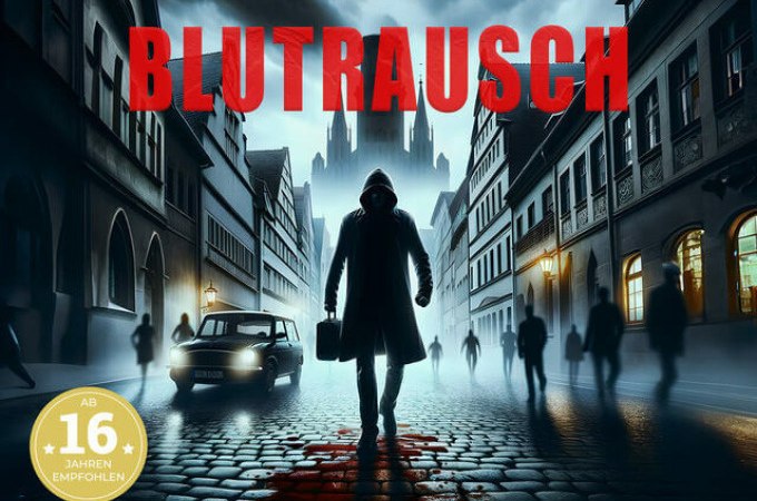 Ein Mann in einem Mantel steht auf einer nebligen Straße, umgeben von alten Gebäuden. Der Titel 'BLUTRAUSCH' ist prominent zu sehen. Altersfreigabe ab 16., © TeamEscape Stuttgart
