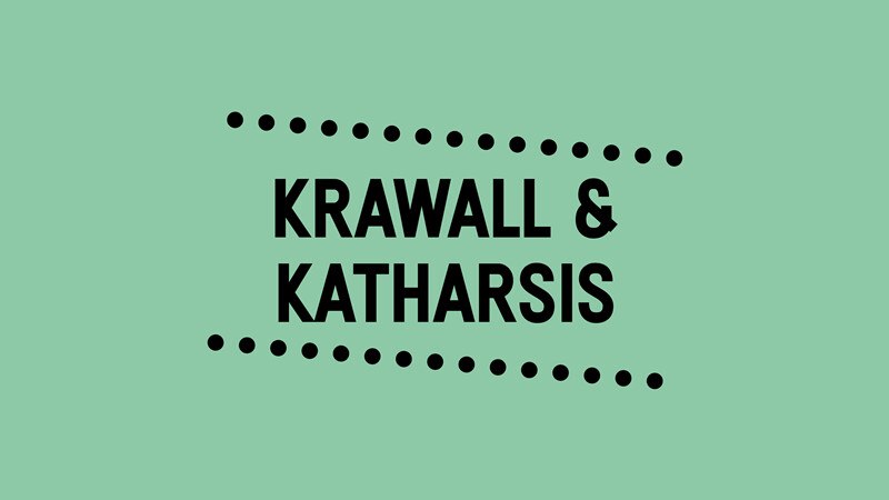 Schwarzer Text 'Krawall & Katharsis' auf gr&uuml;nem Hintergrund, umgeben von gepunkteten Linien., &copy; W&uuml;rttembergische Staatstheater Stuttgart