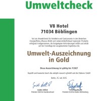 Zertifikat des DEHOGA Umweltchecks f&uuml;r das V8 Hotel in B&ouml;blingen, ausgezeichnet mit der Umwelt-Auszeichnung in Gold., &copy; V8 HOTEL