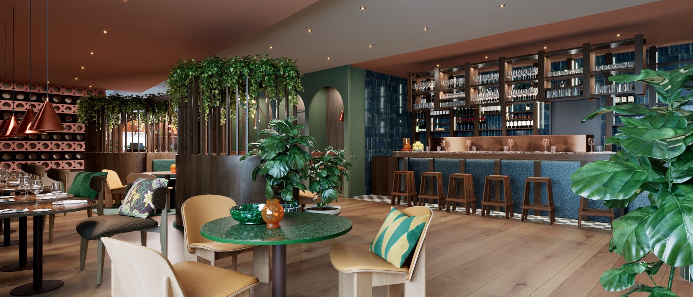 Moderne Lounge-Bar mit stilvollen Holzmöbeln, grünen Pflanzen und einer langen Theke. Gemütliche Atmosphäre mit warmen Farben und eleganter Beleuchtung., © Scandic Hotels Moderne Lounge-Bar mit stilvollen Holzmöbeln, grünen Pflanzen und einer langen Theke. Gemütliche Atmosphäre mit warmen Farben und eleganter Beleuchtung., © Scandic Hotels